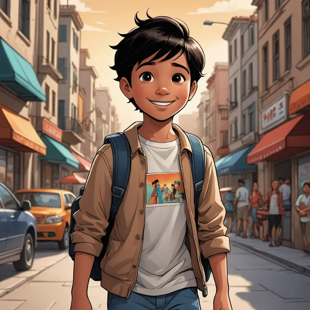 a boy with a backpack is walking down the street in a cartoon style, with people in the background, photorealism, a comic book panel, Du Jin, rossdraws global illumination