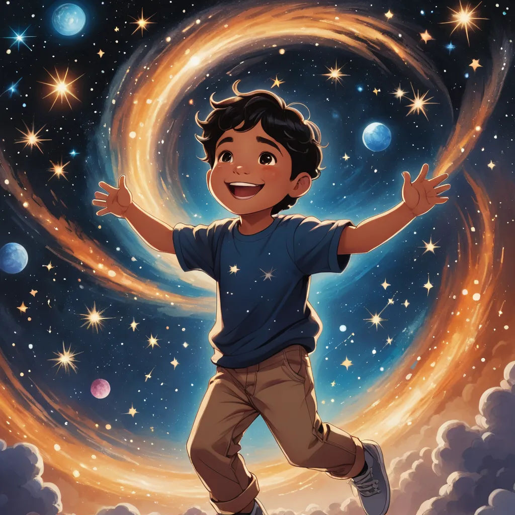 a boy is standing on a cloud with his arms outstretched in the air and stars in the sky behind him, space art, a storybook illustration, Aaron Jasinski, comic cover art