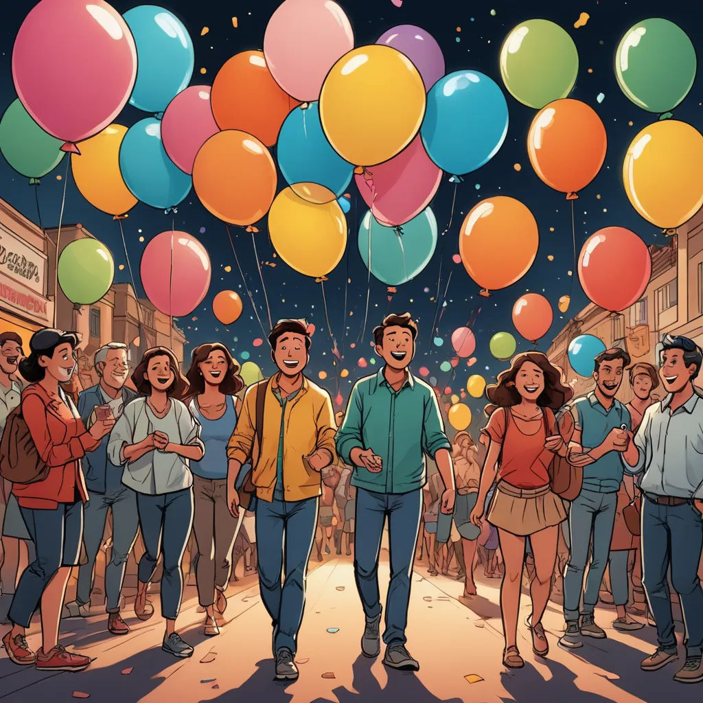 a man standing in front of a crowd of people with balloons in the air above him and a crowd of people standing around him, les automatistes, a storybook illustration, Asaf Hanuka, rossdraws global illumination