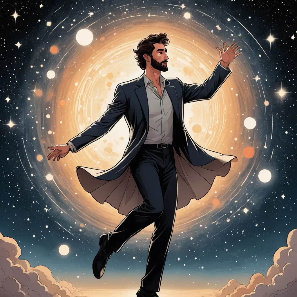 a man in a suit is flying through the air with his arms outstretched in front of a full moon, space art, poster art, Dan Mumford, comic cover art