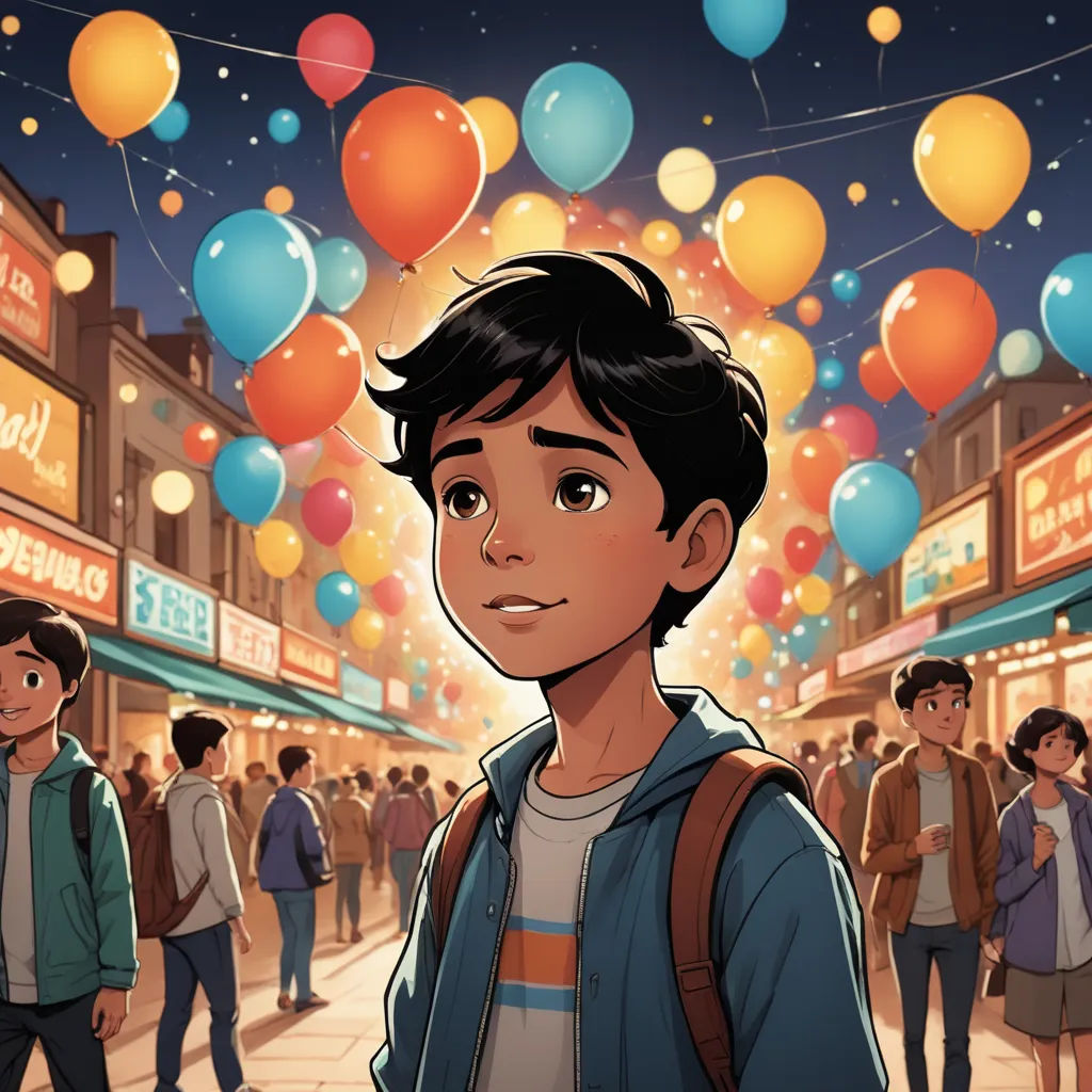 a boy standing in front of a crowd of people with balloons in the air above him and a street sign in the background, magical realism, poster art, Asaf Hanuka, comic cover art