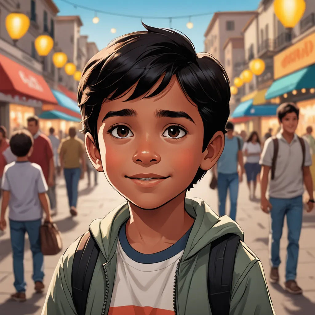 a boy in a green jacket is standing in a crowded street with people walking around him and a string of lights hanging above him, photorealism, poster art, Chris LaBrooy, comic cover art
