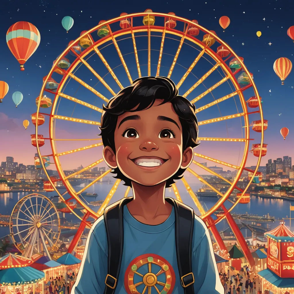 a cartoon boy with a backpack standing in front of a ferris wheel at night with a city in the background, magical realism, a storybook illustration, Chris LaBrooy, comic cover art