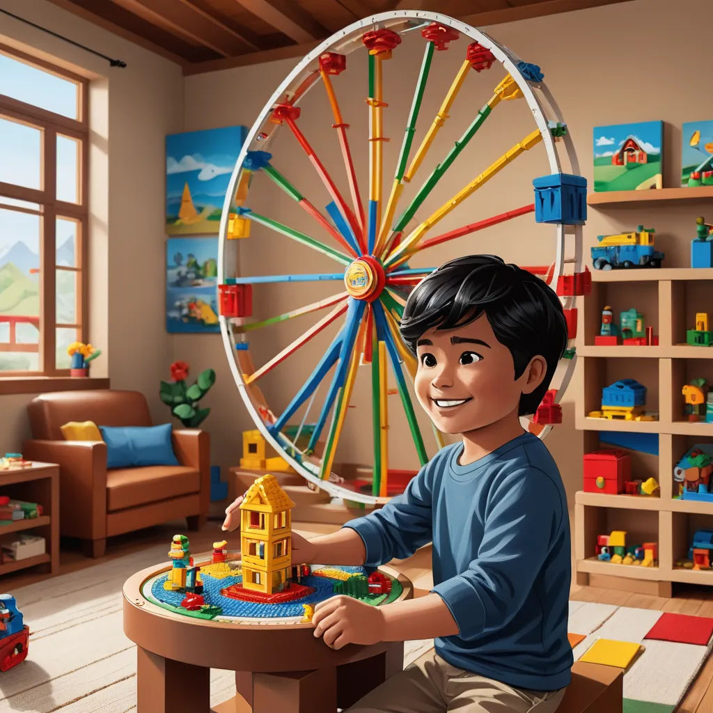 a boy is playing with a toy in a room with a ferris wheel and toys on the floor and shelves, photorealism, a digital rendering, Chris LaBrooy, art station