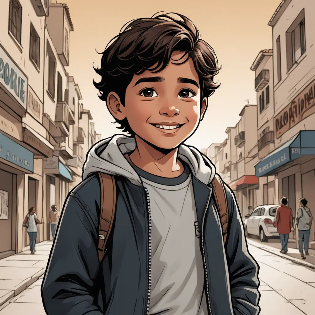 a cartoon of a boy in a street with buildings in the background and a car parked on the side of the street, photorealism, a comic book panel, Asaf Hanuka, comic cover art