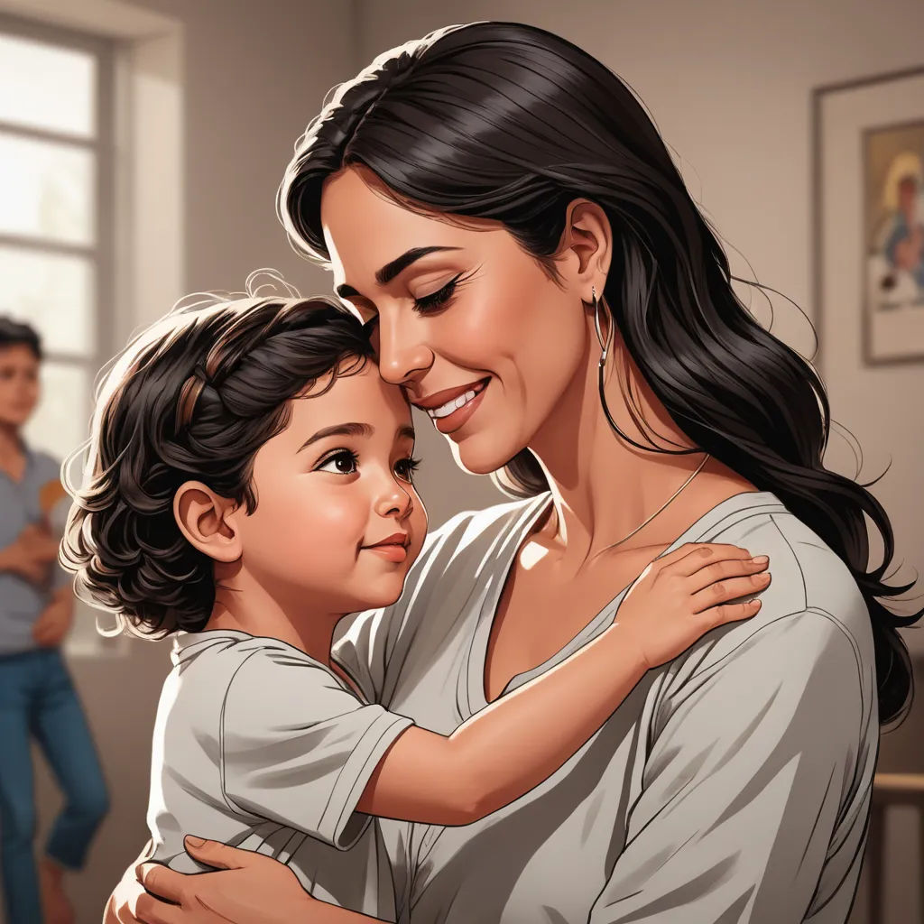 a woman holding a child in her arms while a man watches from the other side of the room behind her, american realism, a storybook illustration, Alejandro Burdisio, ultra realistic illustration