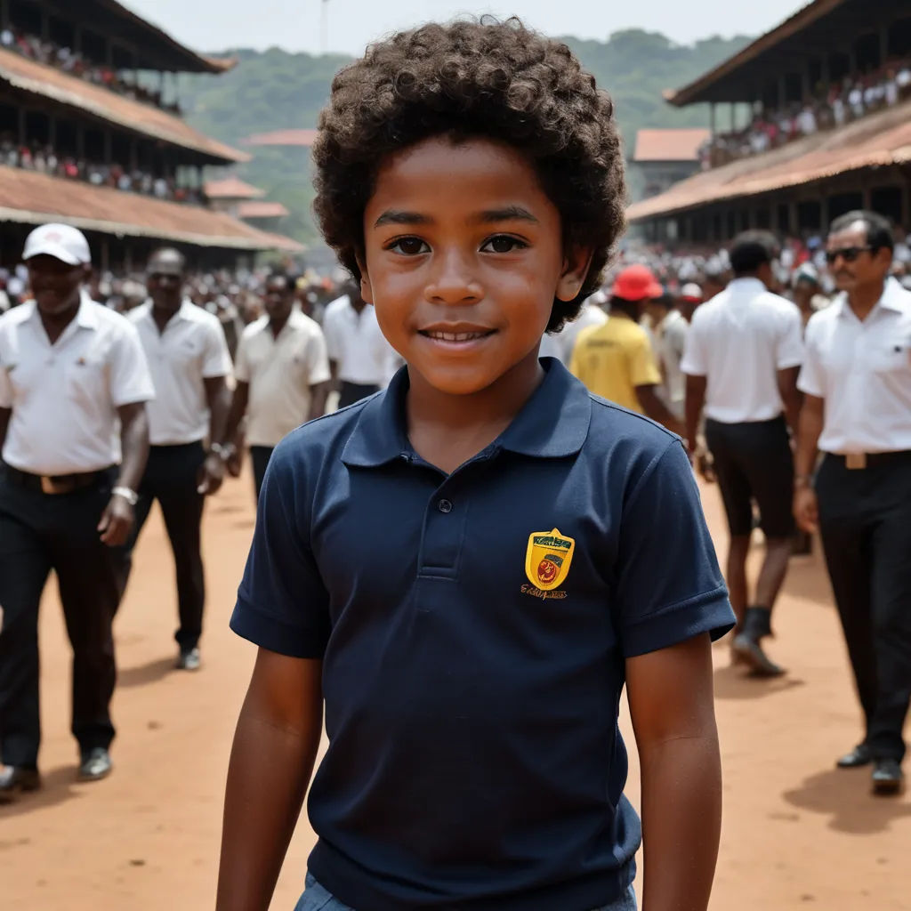 a young boy standing in front of a crowd of people in uniform and in a blue shirt with a yellow emblem, heidelberg school, a tilt shift photo, Eric de Kolb, jayison devadas