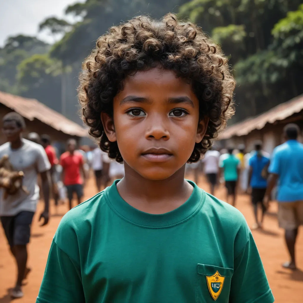 a young boy standing in front of a group of people on a dirt road with trees in the background, danube school, a character portrait, Daniel Lieske, portrait photography