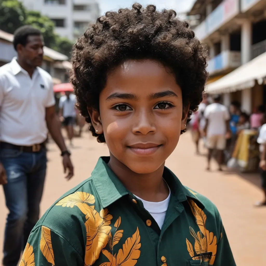 a young boy with a green shirt and a white shirt on is standing in a street with people in the background, afrofuturism, a portrait, Alexis Simon Belle, brown skin