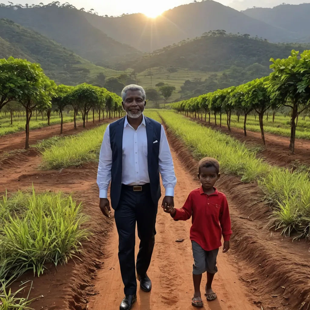 a man and a child walking down a dirt road in a field with trees and mountains in the background, afrofuturism, a picture, Bruce Onobrakpeya, beautiful scene