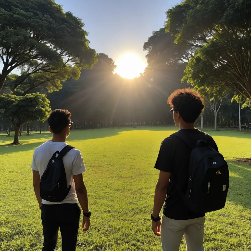two men standing in a field with the sun shining through the trees behind them and the grass is green, light and space, a stock photo, Andries Both, anamorphic lens flare