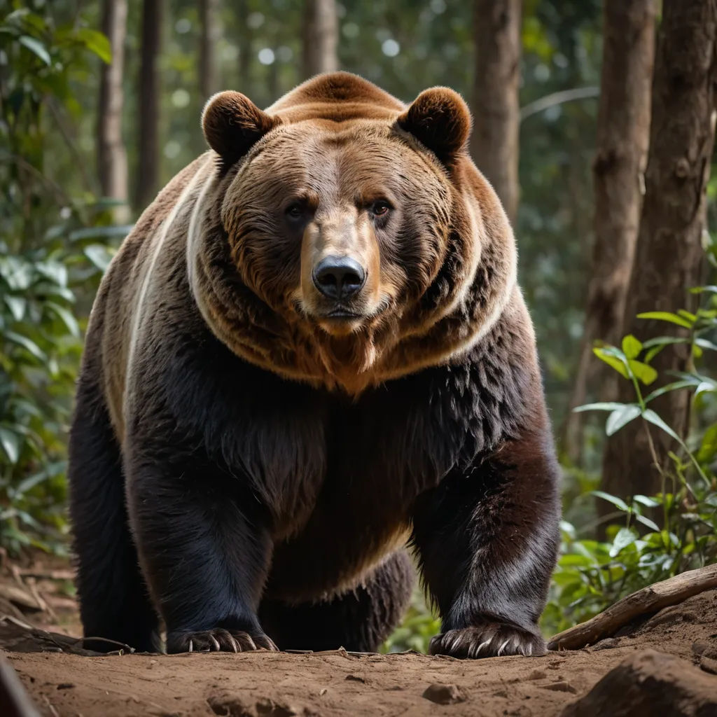 a large brown bear walking through a forest filled with trees and bushes, with a large brown bear standing on top of a tree stump, primitivism, a stock photo, Dennis Ashbaugh, wildlife photography