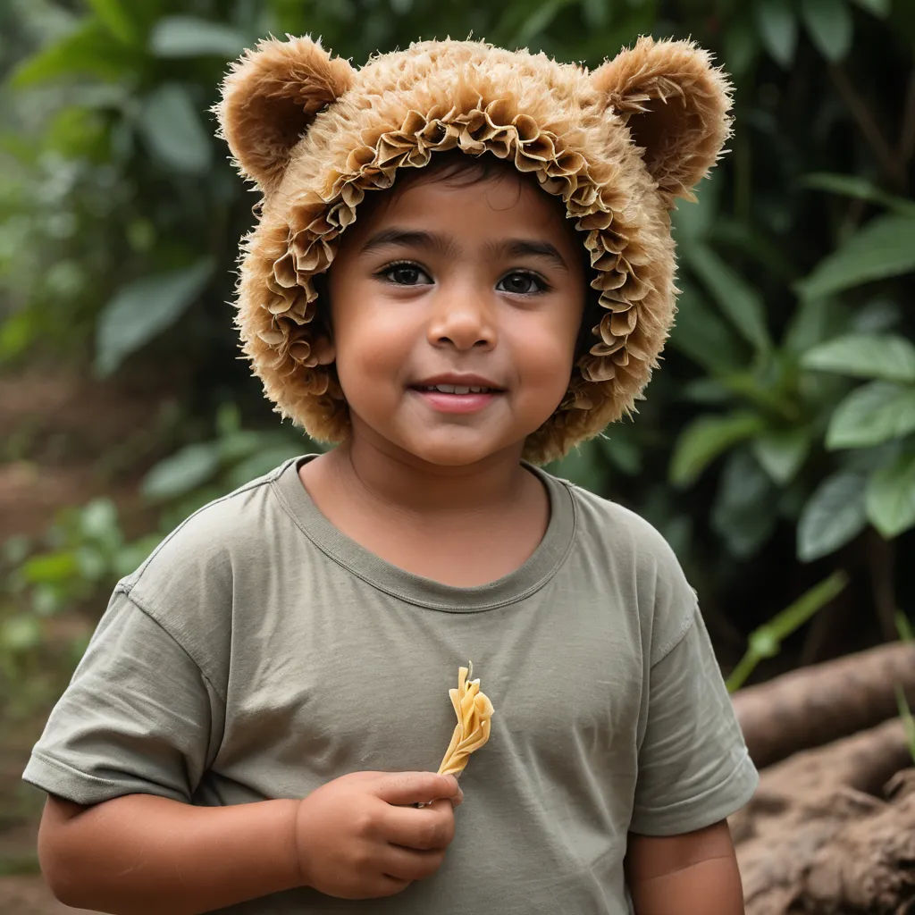 a young boy wearing a bear hat holding a banana peel in his hand and smiling at the camera with a green background, sumatraism, a stock photo, Charly Amani, portrait photography