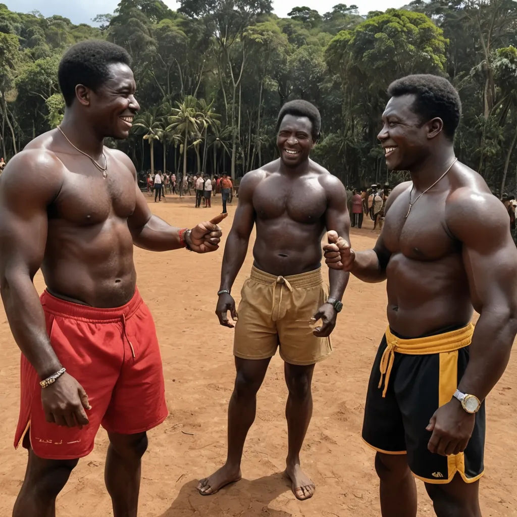 three men standing in a dirt field with trees in the background and one is wearing a yellow belt and the other is wearing red shorts, afrofuturism, a renaissance painting, Bruce Onobrakpeya, powerful