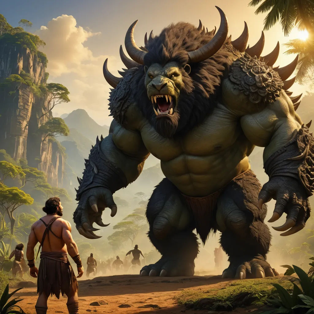 a man standing in front of a giant monster in a jungle setting with other people in the background and a giant monster in the foreground, fantasy art, computer graphics, Clint Cearley, unreal 5