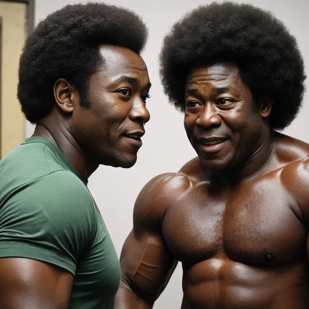 two men with afro hair standing next to each other in a room with a mirror on the wall and one man with an afro, afrofuturism, a colorized photo, Bruce Onobrakpeya, muscular