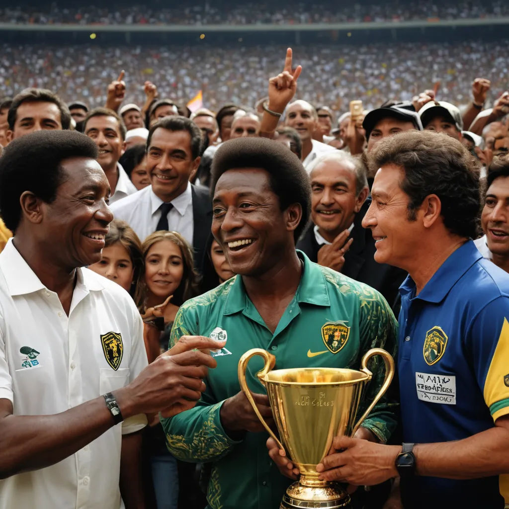 a man holding a trophy in front of a crowd of people at a sporting event with a man in a green shirt, les nabis, a colorized photo, Emerson Silva, promotional image