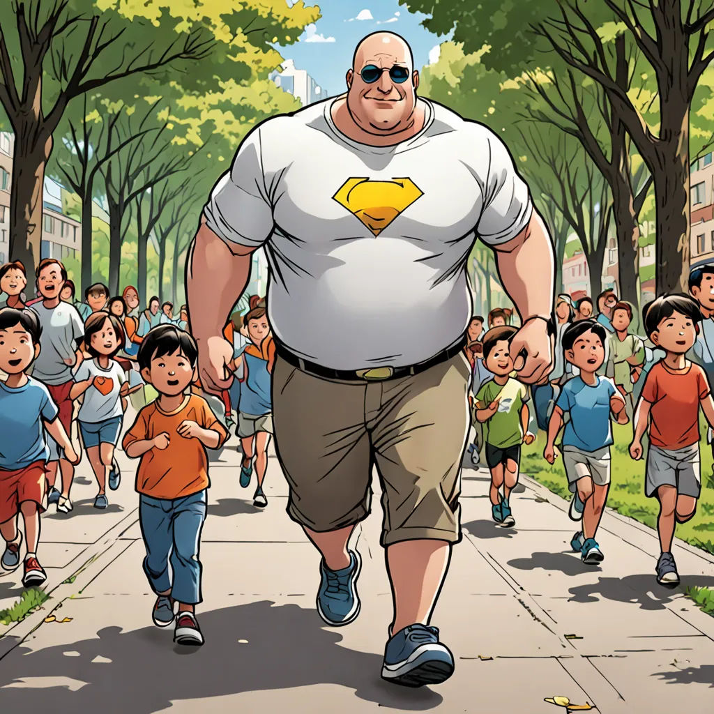 a man in a superman shirt is walking down a street with a group of children behind him and a man in a red shirt is walking behind him, superflat, a comic book panel, Asaf Hanuka, comic cover art