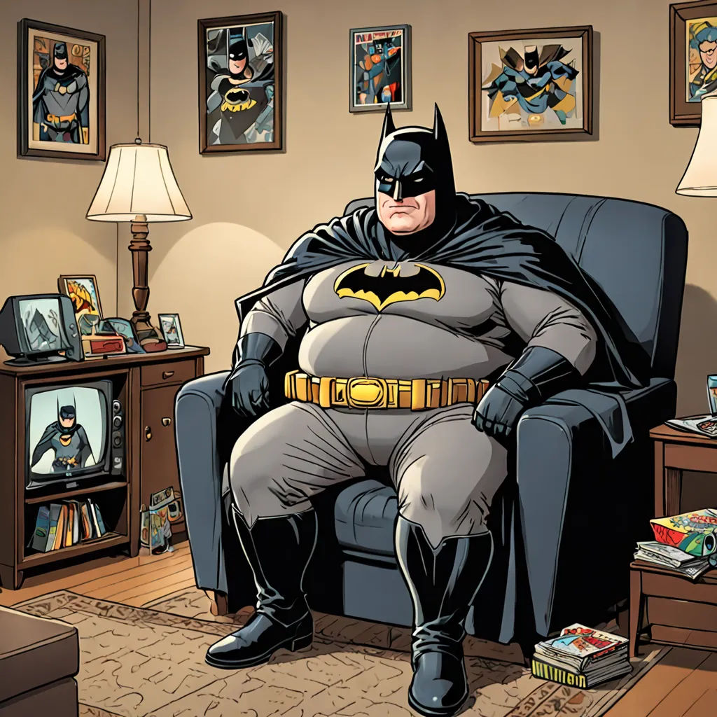a man in a batman costume sitting in a chair in a living room with a tv and a lamp, figurativism, a comic book panel, Anthony Palumbo, comic book