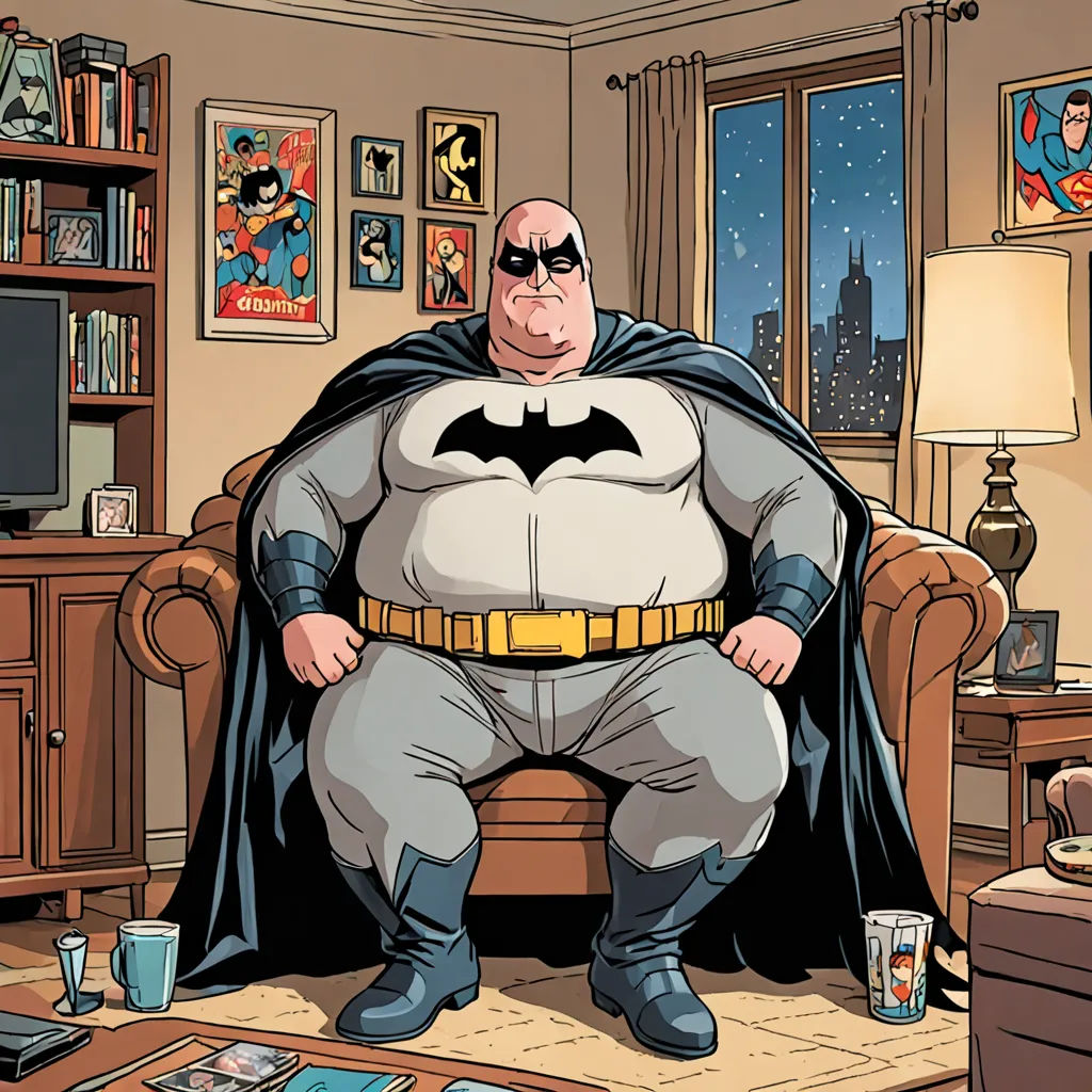 a cartoon of a man dressed as batman sitting in a chair in a living room with a television and a bookcase, superflat, a comic book panel, Chris Ware, comic book