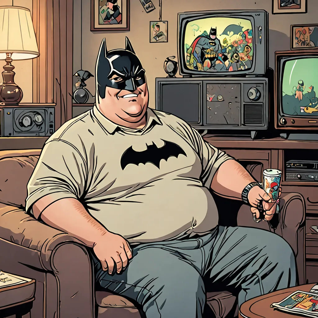 a man in a batman mask sitting in a chair with a drink in his hand and a television in the background, american realism, a comic book panel, Andrew Robinson, comic book