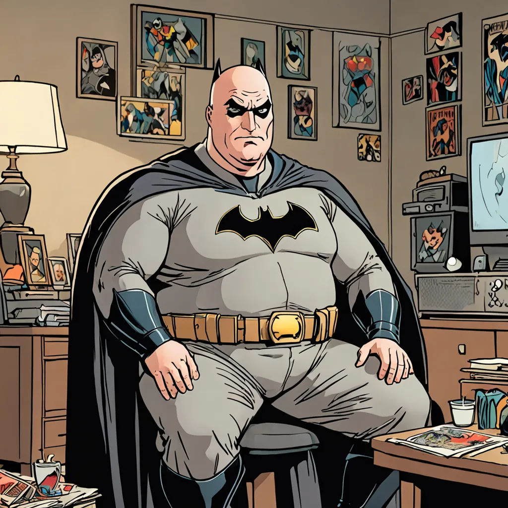 a man in a batman costume sitting in a chair in a room with a desk and a television on, context art, a comic book panel, Chris Ware, comic book