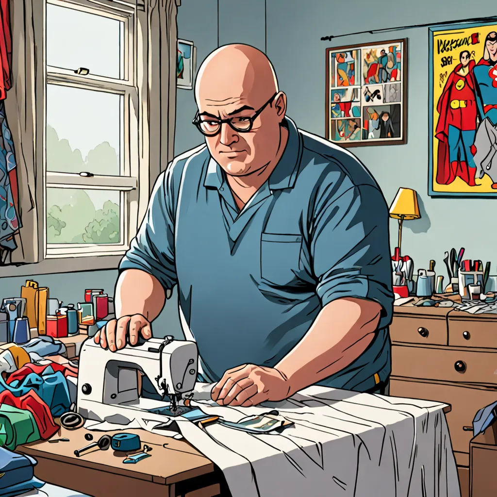 a man is sewing on a sewing machine in a room with a window and a superman poster on the wall, process art, a comic book panel, Chris Ware, promotional image