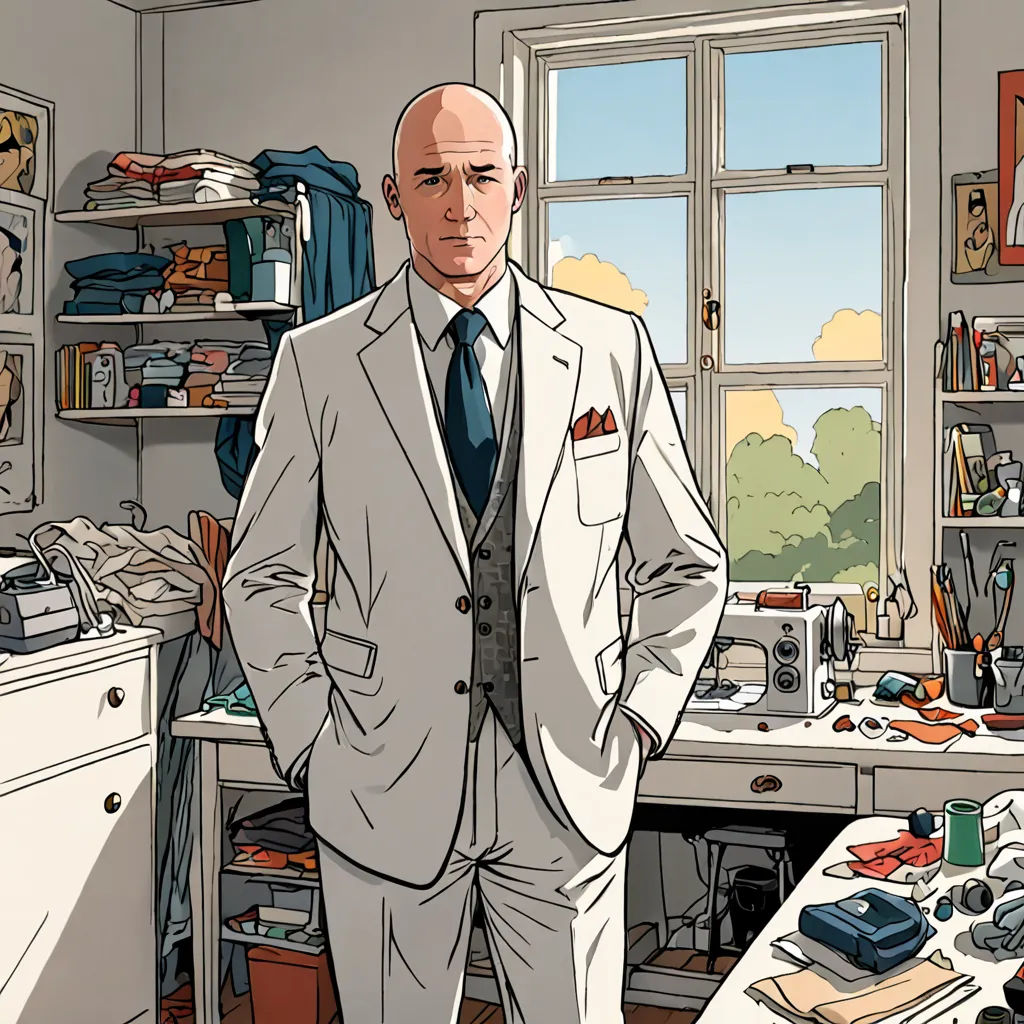 a man in a suit standing in a room with a desk and a window in the background and a lot of clutter on the floor, photorealism, a character portrait, Bernard Fleetwood-Walker, edward hopper and james gilleard