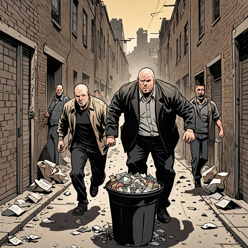 a cartoon of a man throwing garbage into a trash can in a alleyway with other men walking by, process art, a comic book panel, Anthony Palumbo, comic cover art