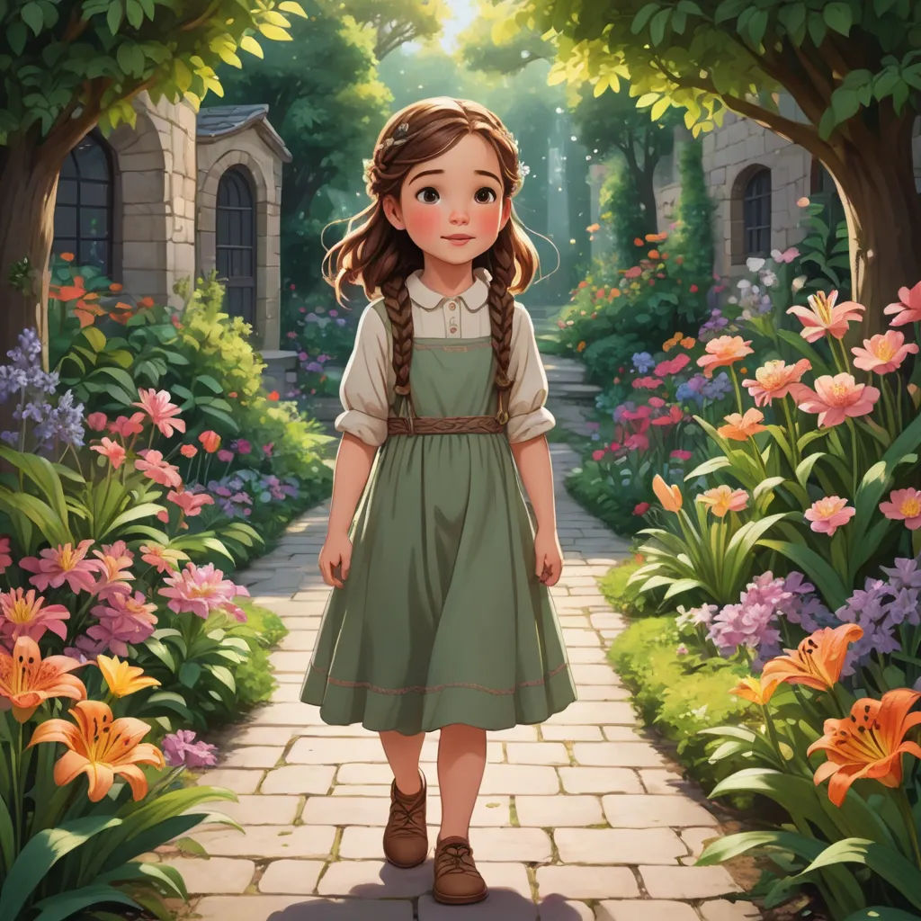 a painting of a girl in a garden with flowers and trees in the background, with a brick path leading to a garden with flowers and a brick walkway, fantasy art, a storybook illustration, Anne Said, official art