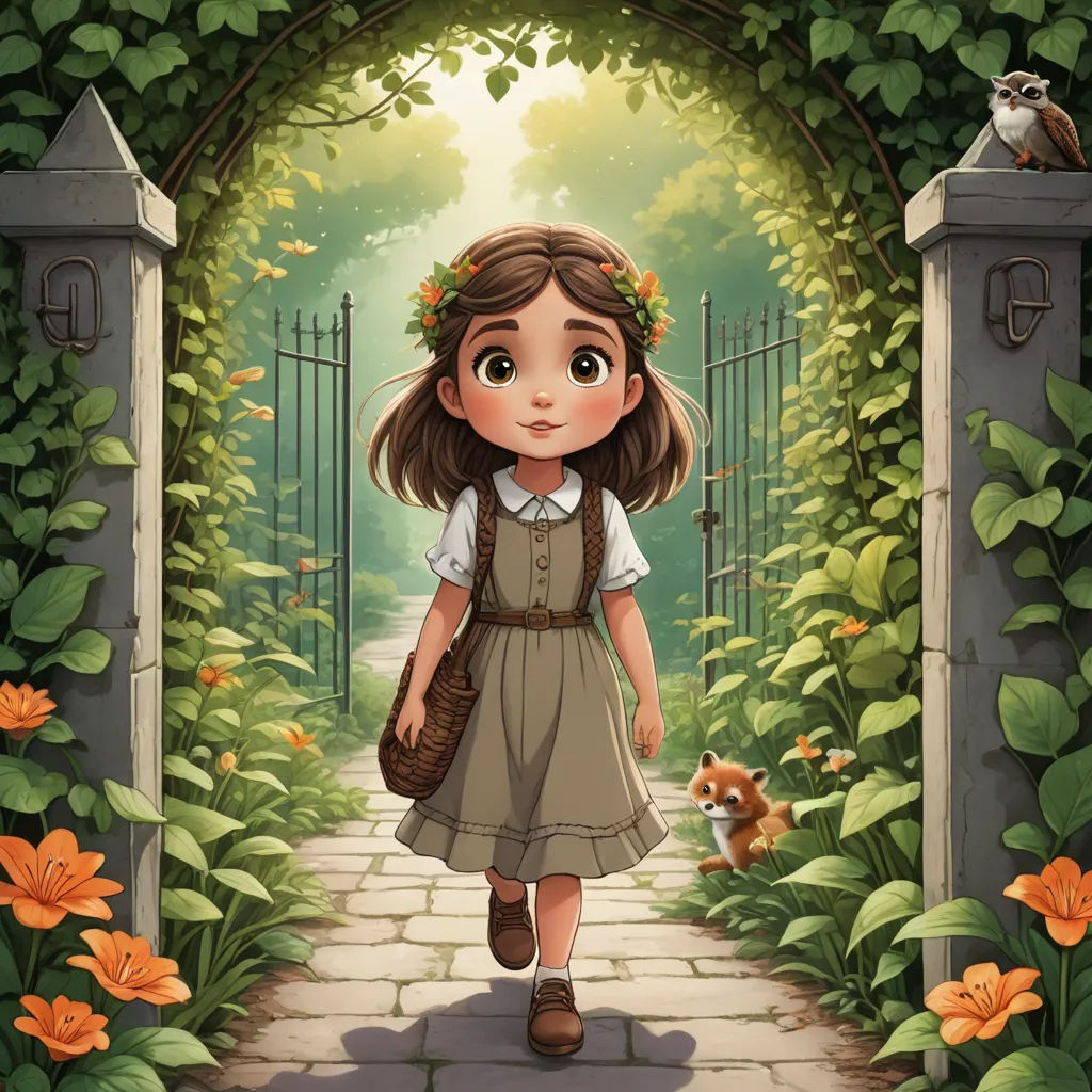 a girl walking through a garden with a cat on her shoulder and a bird on her shoulder, in front of a gate, fantasy art, a storybook illustration, Alice Prin, storybook illustration