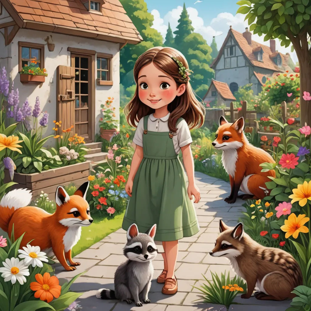 a little girl standing in front of a garden with foxes and other animals around her and a house in the background, fantasy art, a storybook illustration, Anne Said, storybook illustration