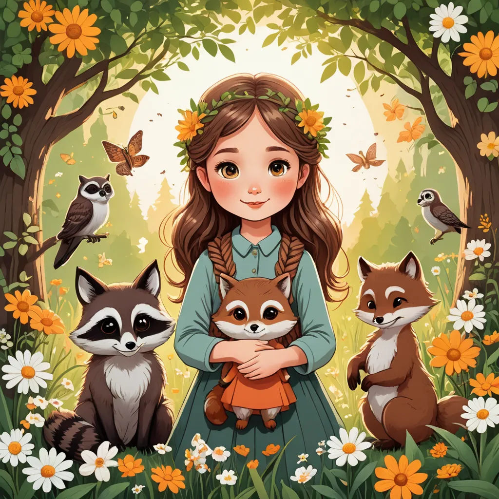 a girl holding a baby fox in a forest with flowers and birds around her and a forest scene behind her, furry art, a storybook illustration, Elinor Proby Adams, storybook illustration