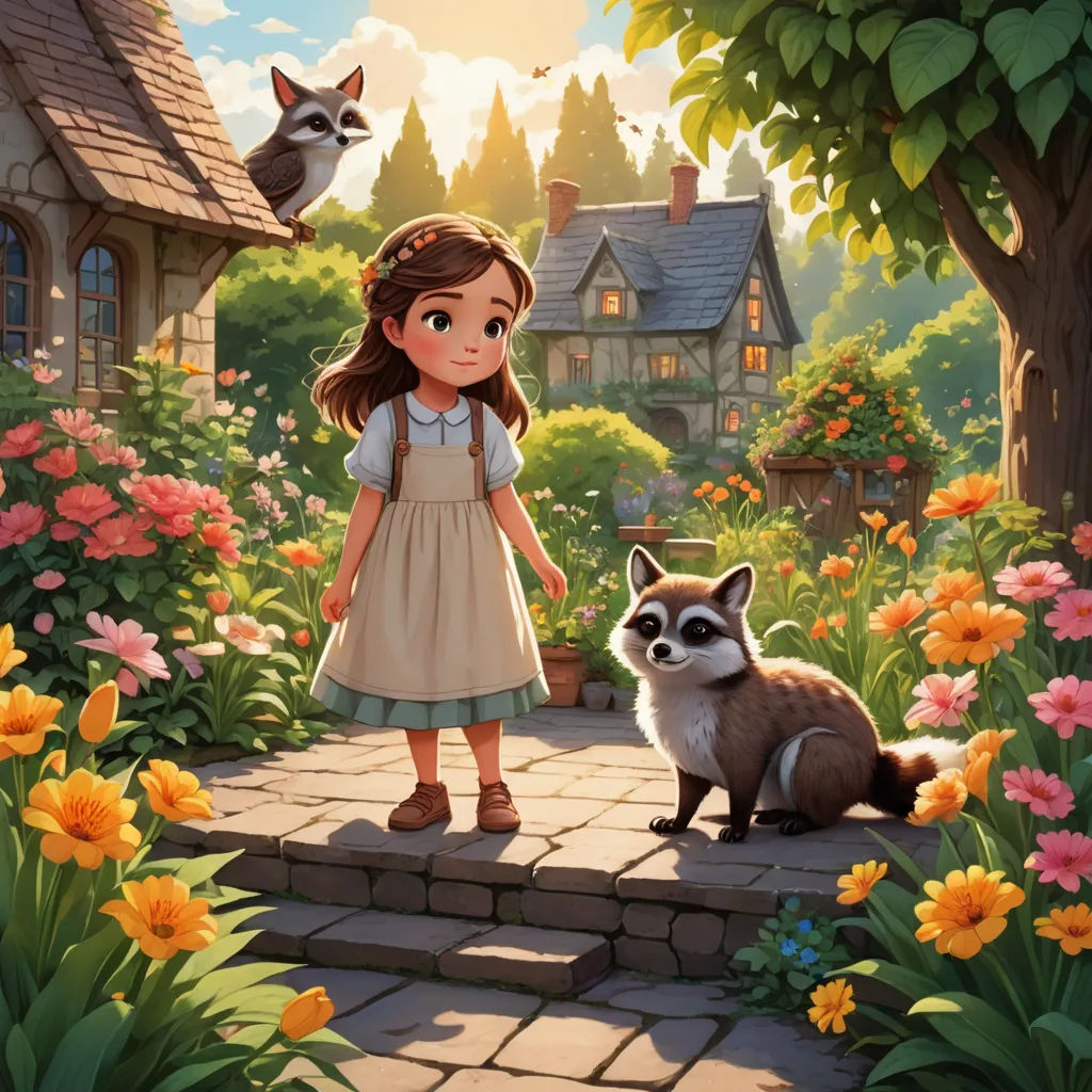 a little girl standing next to a raccoon in a garden with flowers and a house in the background, fantasy art, a storybook illustration, Alice Prin, official art