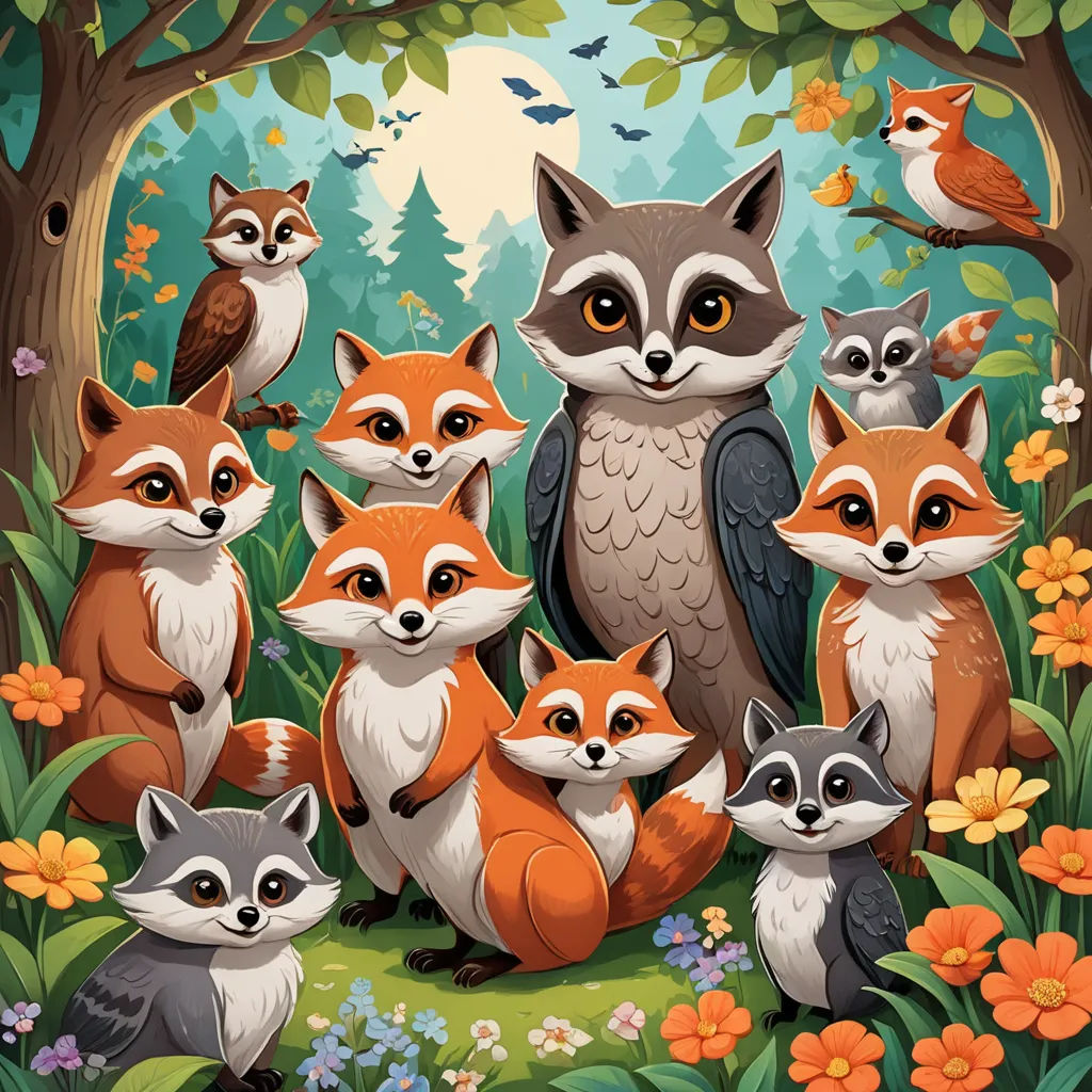 a group of foxes and birds in a forest with flowers and trees in the background, with a bird on the left side of the picture, furry art, a storybook illustration, Chris LaBrooy, storybook illustration