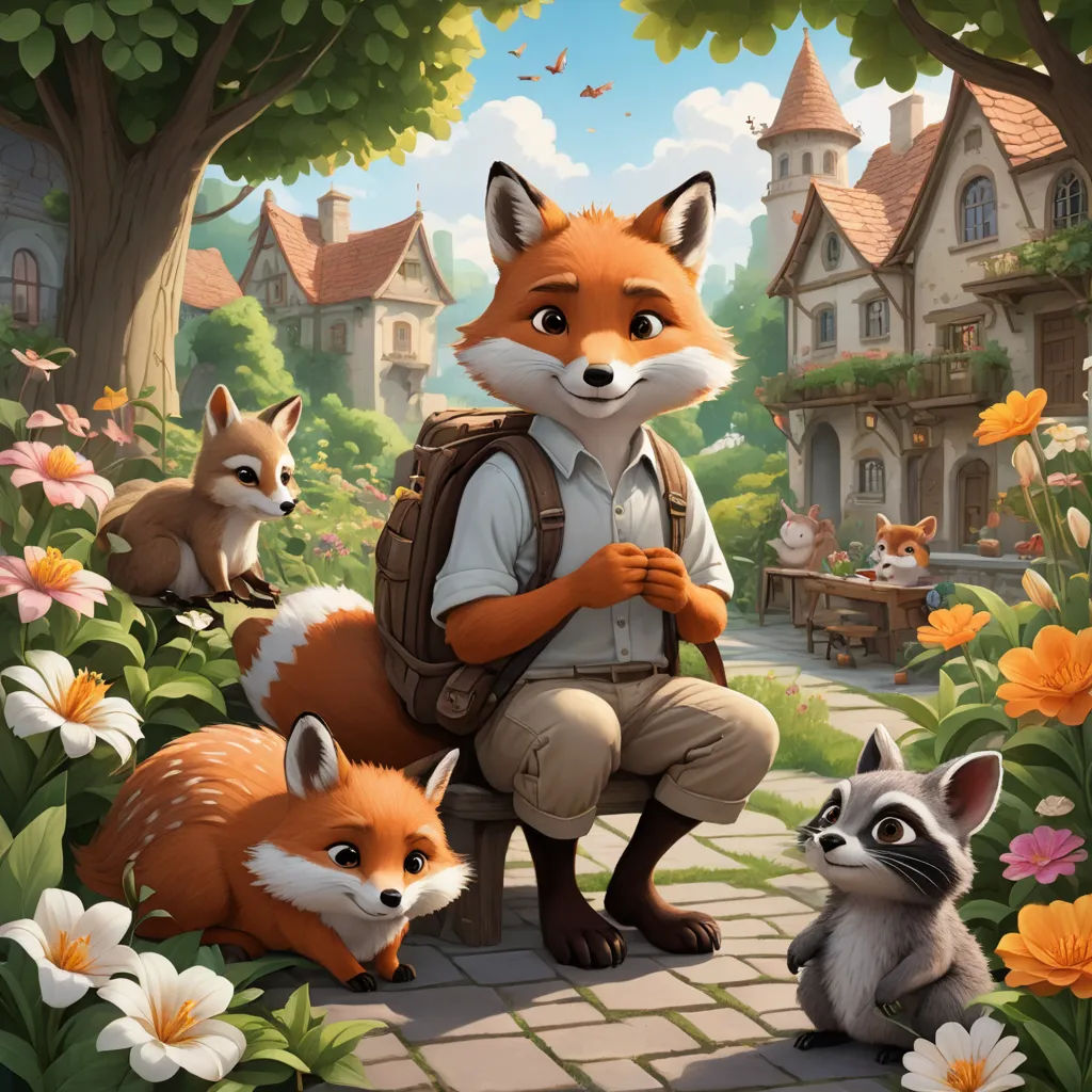 a man with a backpack and two foxes in a garden with flowers and trees, and a house in the background, furry art, a storybook illustration, Aaron Jasinski, official art