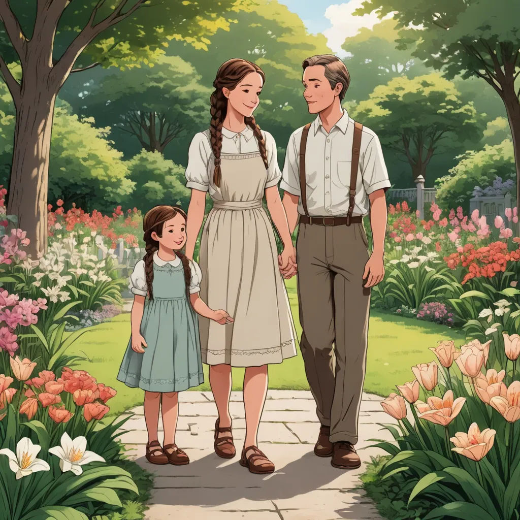 a man and woman holding hands while standing next to a little girl in a garden with flowers and trees, sots art, poster art, Anne Said, official art