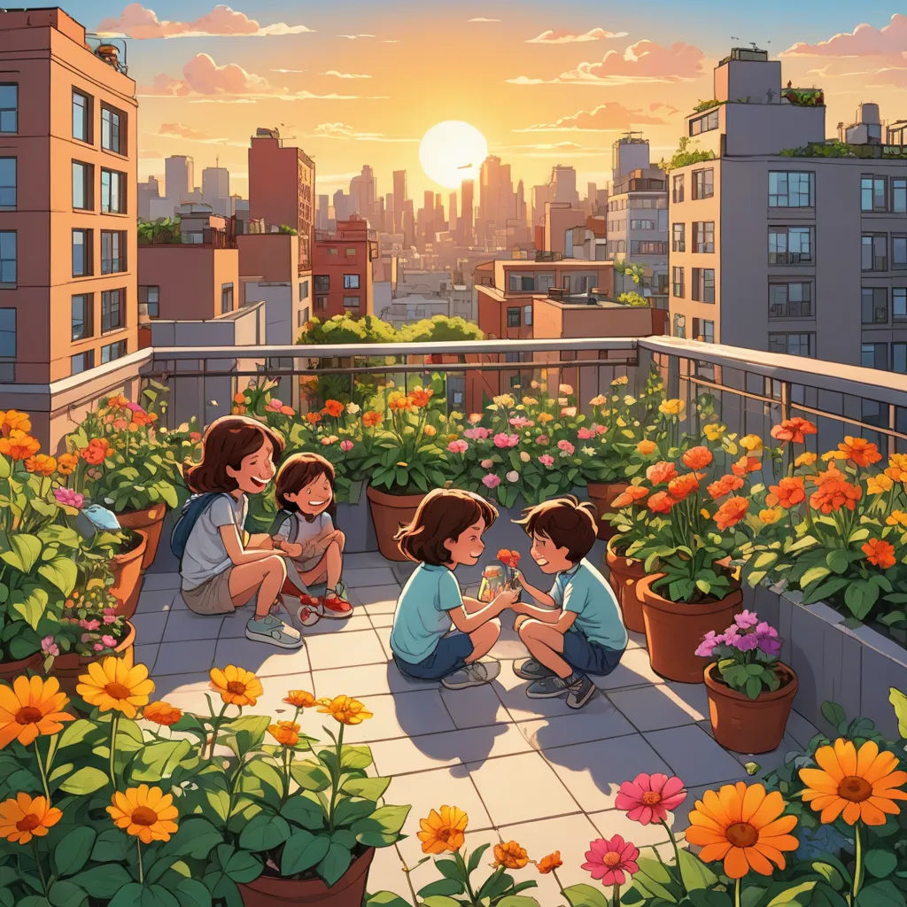 a group of children sitting on a roof with flowers in the foreground and a city in the background, american scene painting, a painting, Asaf Hanuka, official art