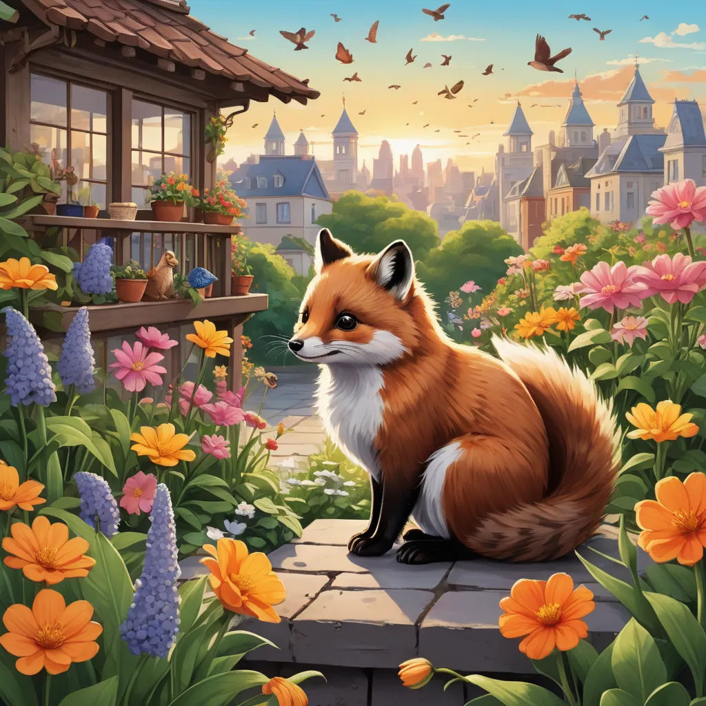 a painting of a fox sitting on a stone walkway surrounded by flowers and butterflies, with a bird flying over the building, fantasy art, a storybook illustration, Chris LaBrooy, official art