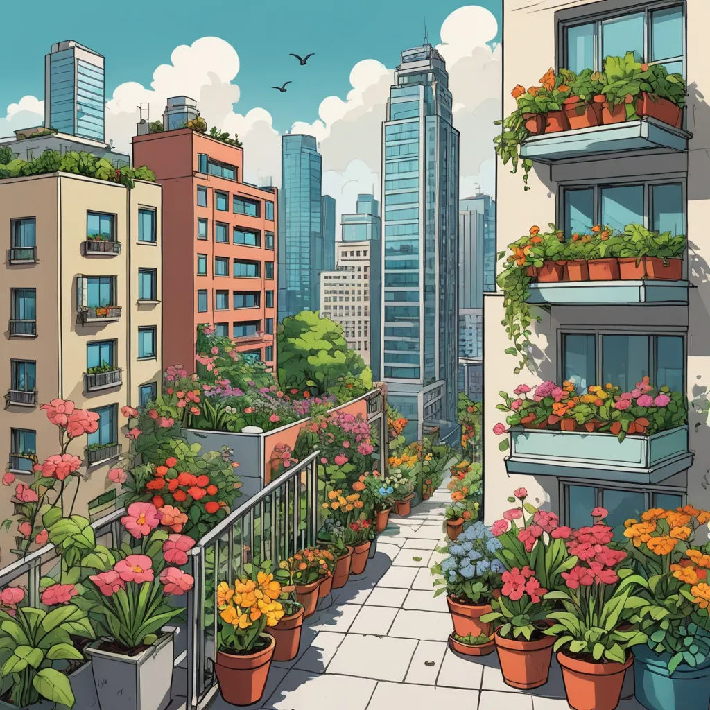 a painting of a city with a lot of flowers on the balcony and a lot of buildings in the background, environmental art, a comic book panel, Asaf Hanuka, city background