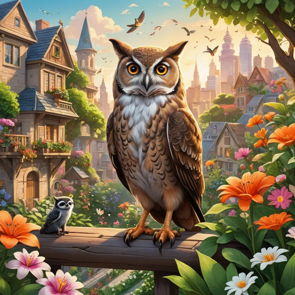 a painting of an owl and a panda on a fence in a garden with flowers and buildings in the background, fantasy art, a storybook illustration, Chris LaBrooy, kinkade