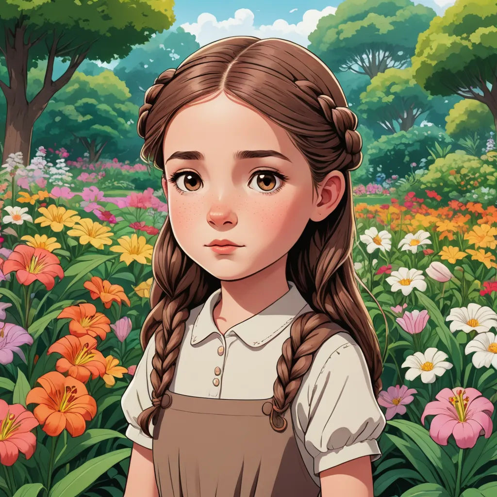 a girl in a field of flowers with a braid in her hair and a dress on her shoulders, looking at the camera, sots art, a character portrait, Alice Prin, trending on art station