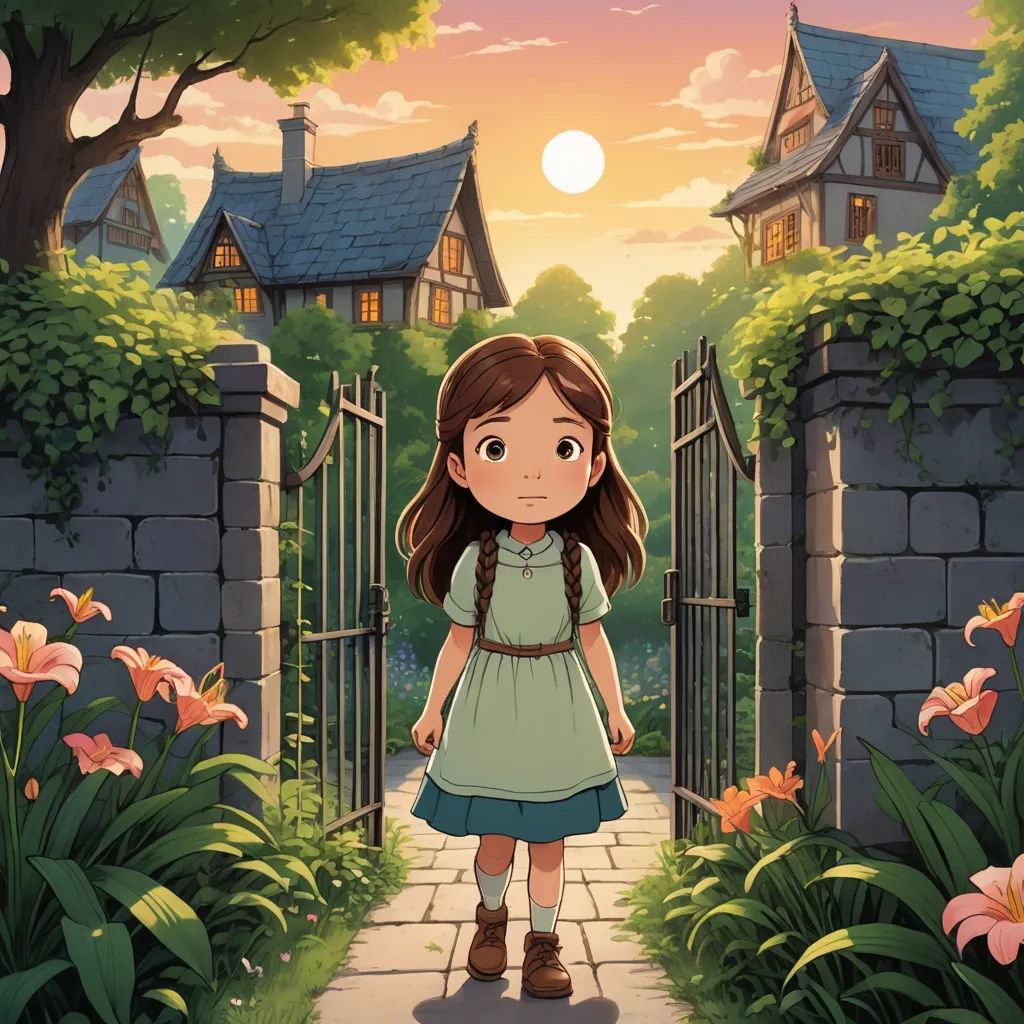 a girl standing in front of a gate with a house in the background and flowers in the foreground, magical realism, a storybook illustration, Alice Prin, official art