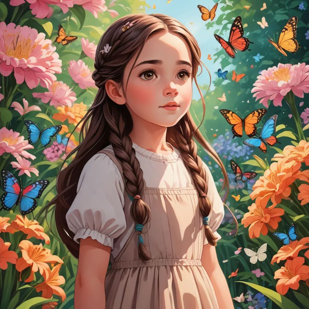 a girl in a dress standing in a field of flowers with butterflies flying overhead and a butterfly in her hair, fantasy art, a storybook illustration, Clarice Beckett, trending on art station