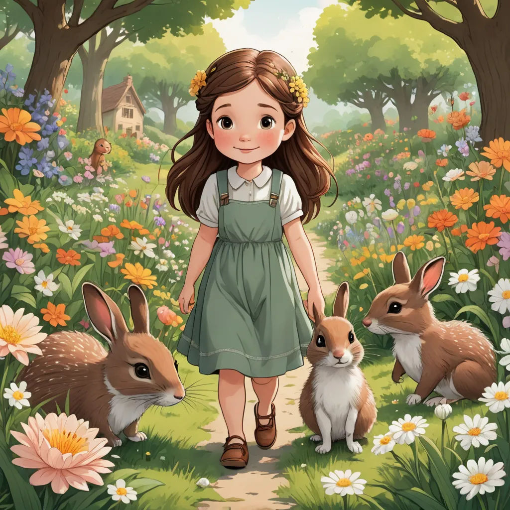 a girl in a green dress is walking with two rabbits in a field of flowers and trees with a house in the background, fantasy art, a storybook illustration, Alice Prin, comic cover art