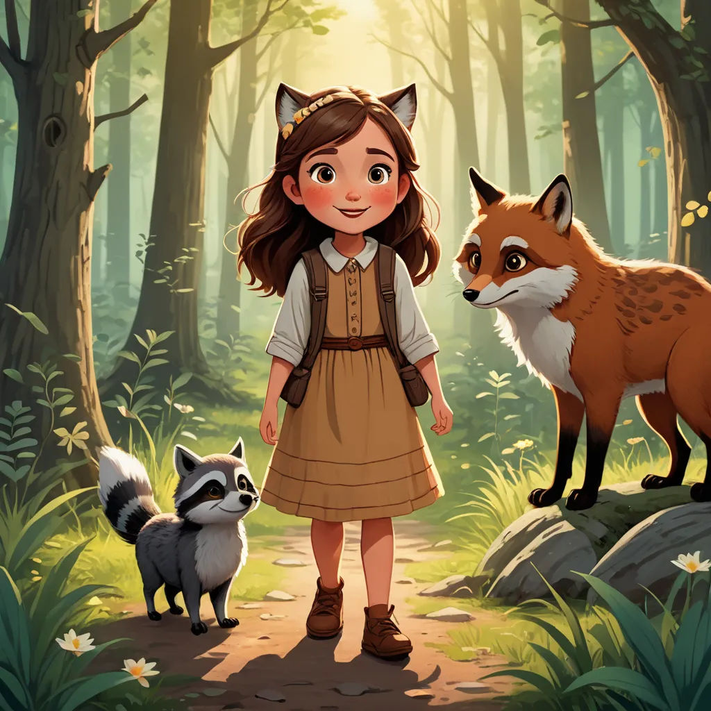 a little girl standing next to a fox in a forest with other animals around her and a forest scene behind her, furry art, a storybook illustration, Clarice Beckett, official art