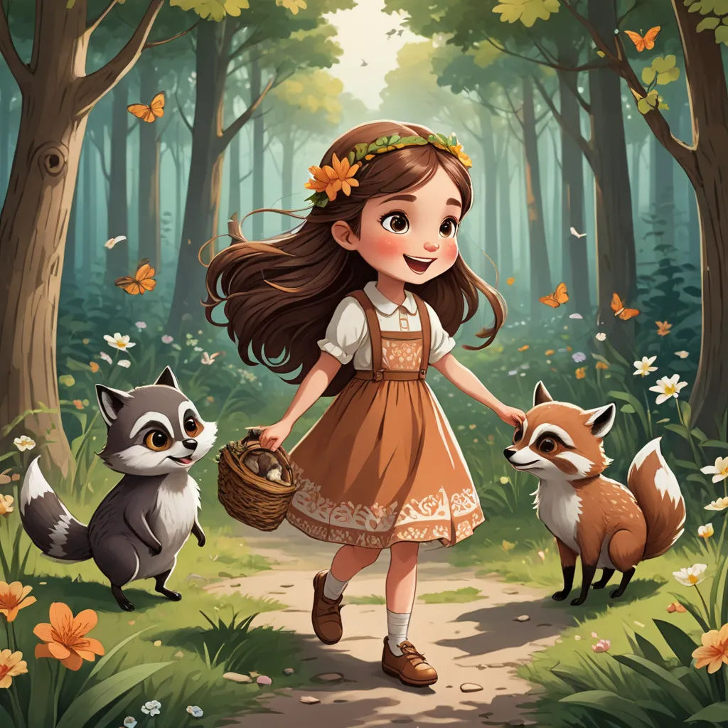 a little girl in a brown dress is walking through the woods with two raccoons and a basket, fantasy art, a storybook illustration, Alice Prin, storybook illustration