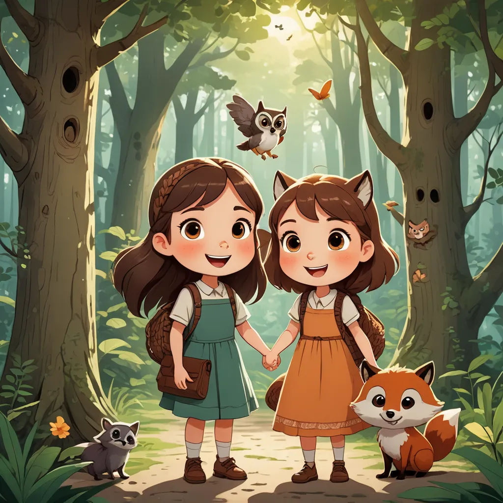 two little girls standing in the woods with a fox and a raccoon behind them, and a bird flying overhead, furry art, a storybook illustration, Diego Gisbert Llorens, storybook illustration