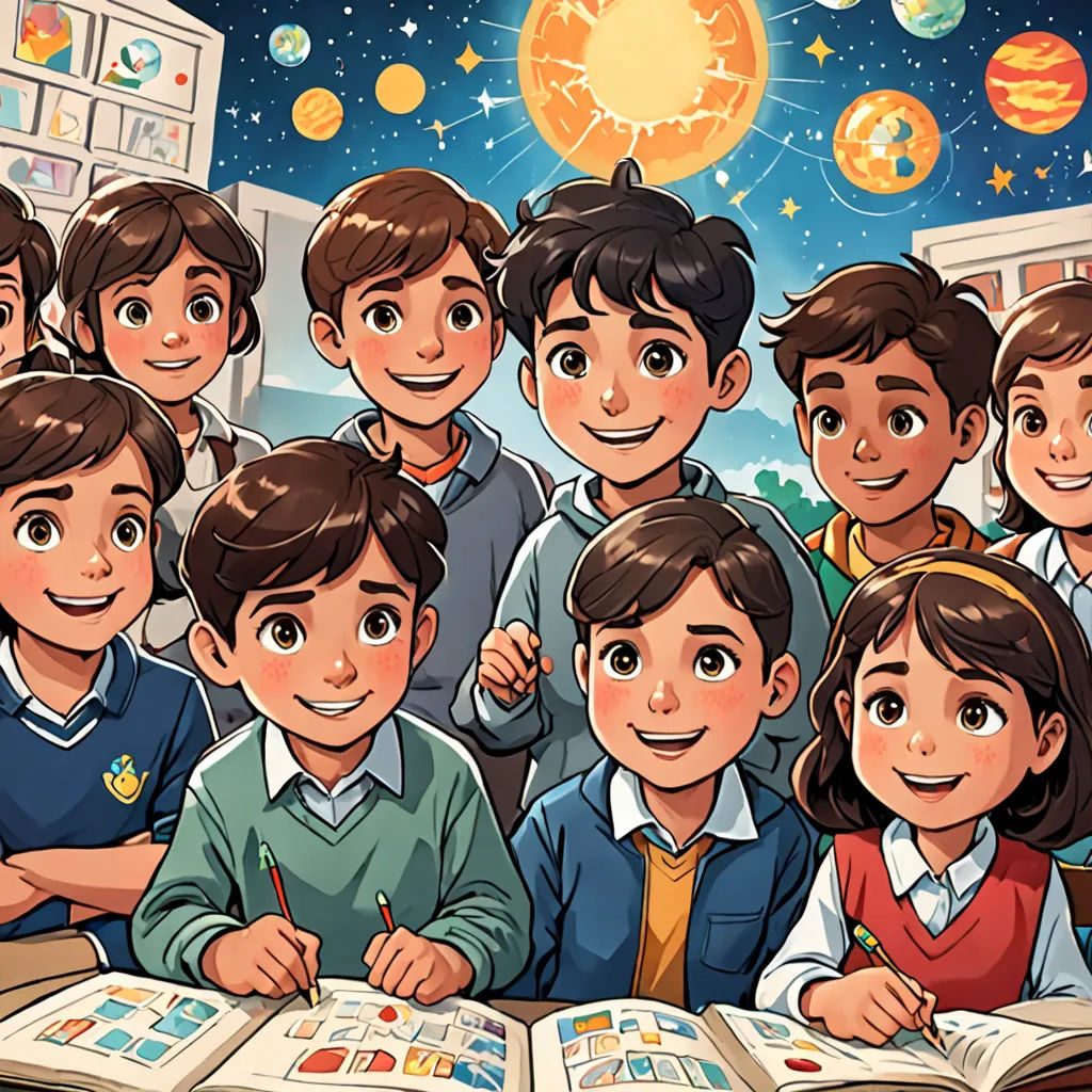 a group of children are gathered around a book with a picture of a solar system in the background and a sun above them, quito school, a storybook illustration, Diego Gisbert Llorens, trending on art station
