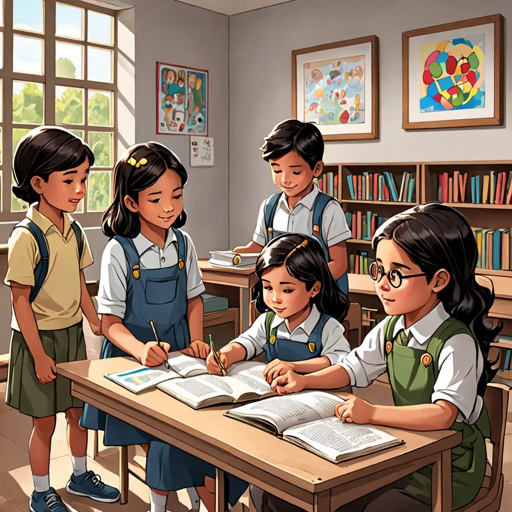 a group of children standing around a table with books and pencils in front of them and a teacher, bengal school of art, a storybook illustration, Anthony Devas, storybook illustration